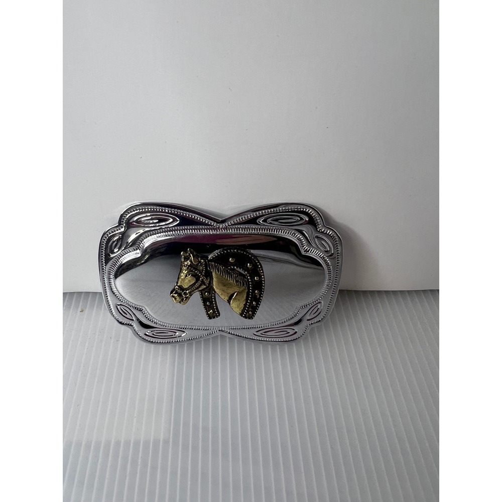 Western Horse Head Horseshoe Belt Buckle Silver Brass Tone Ornate Scalloped Edge - Picture 2 of 6